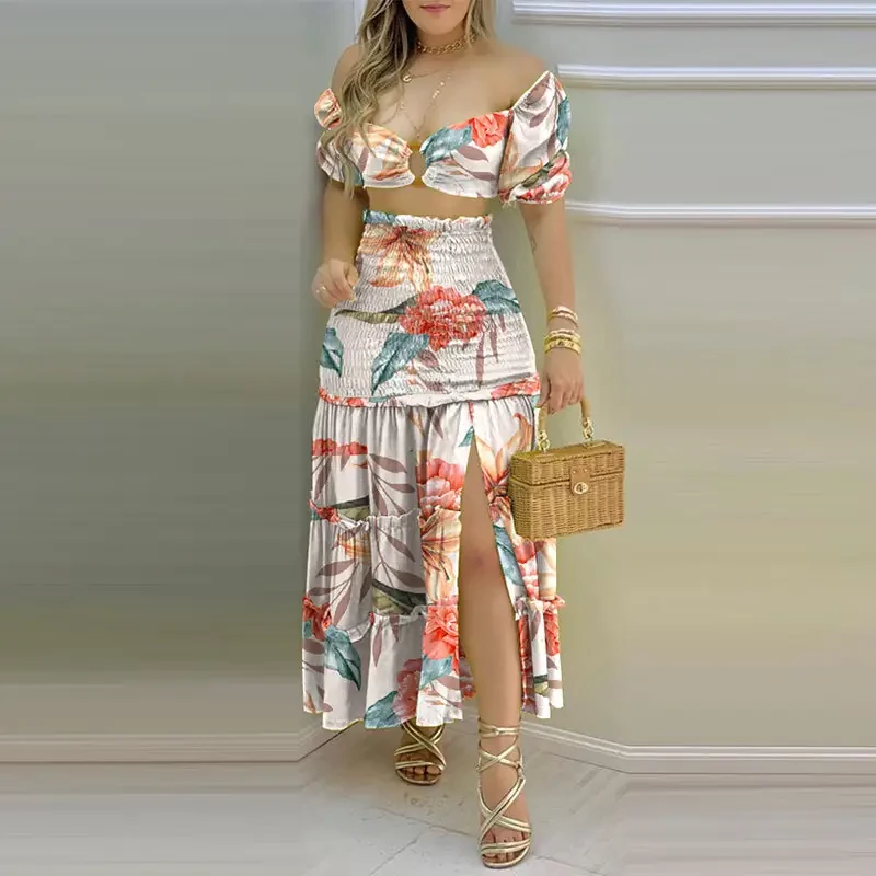 2023 Hot New Sweet Fashion Solid Color Short Sleeve Color Matching Printed Long Dress Suit