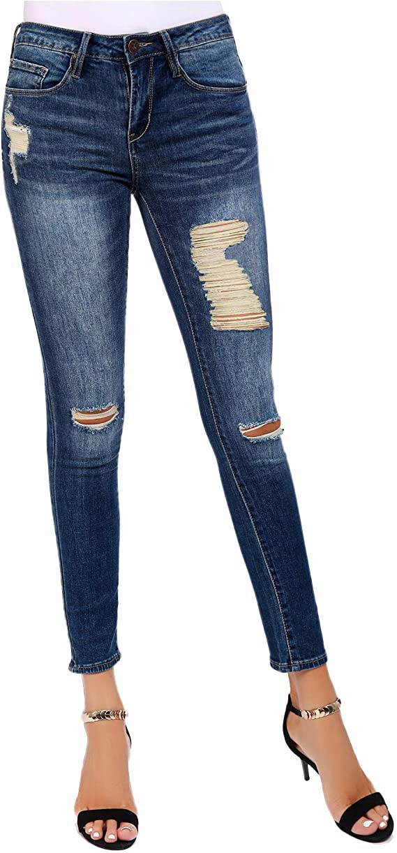 New Women's Distressed Frayed Jeans Stretch Skinny Pants