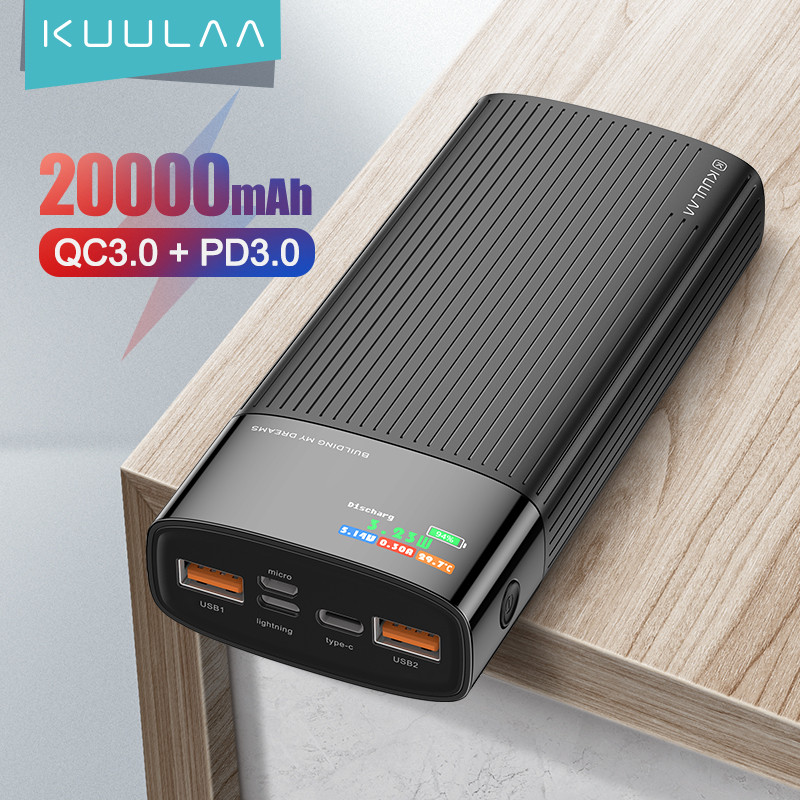 KUULAA 20000 mAh 22.5W High Power Led Color Digital Display 3 Output+3 Input Fast Charging Power Bank